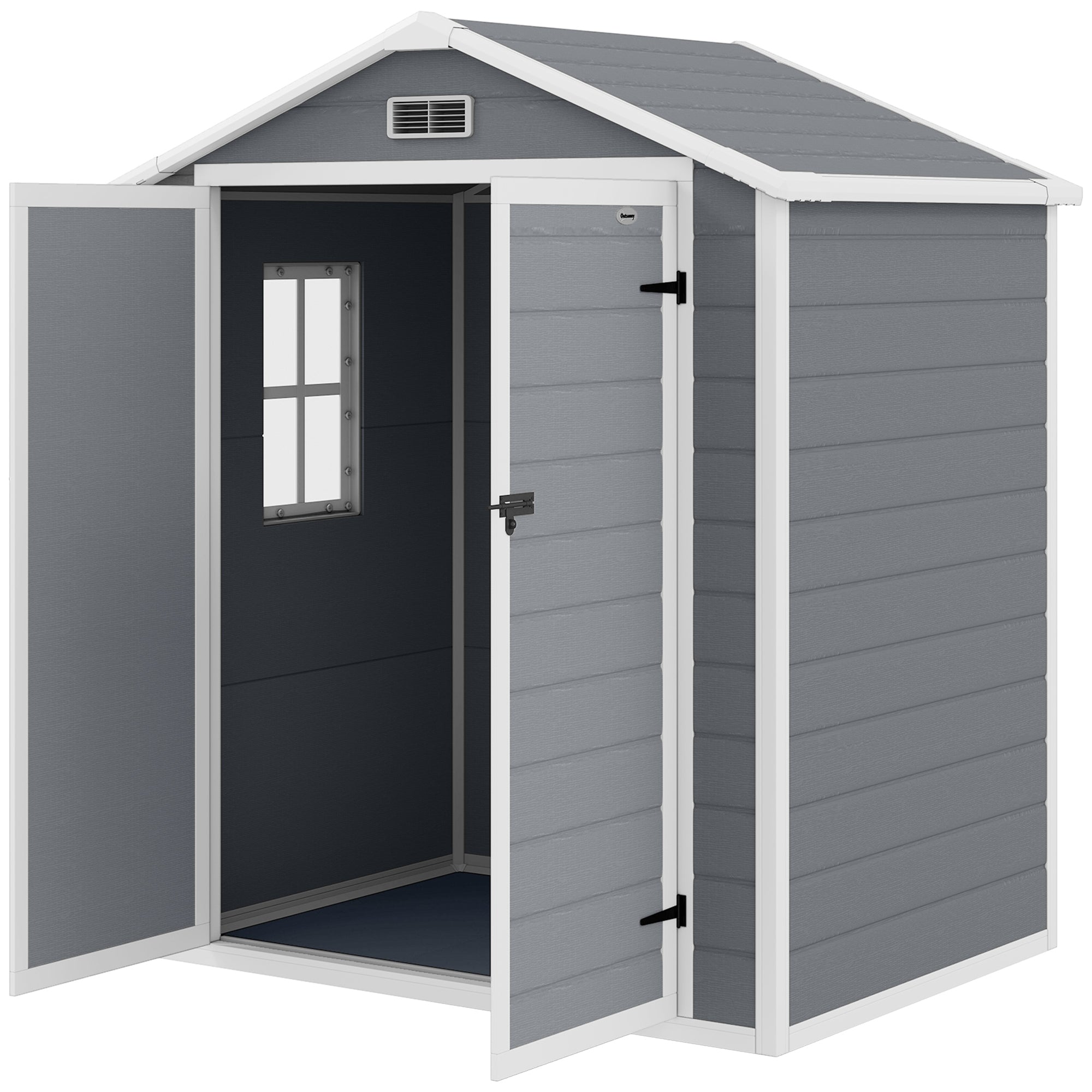 6'x4.5' Garden Storage Shed, Lockable Garden Shed with Double Doors, Window, Vent and Plastic Roof, Grey Outsunny