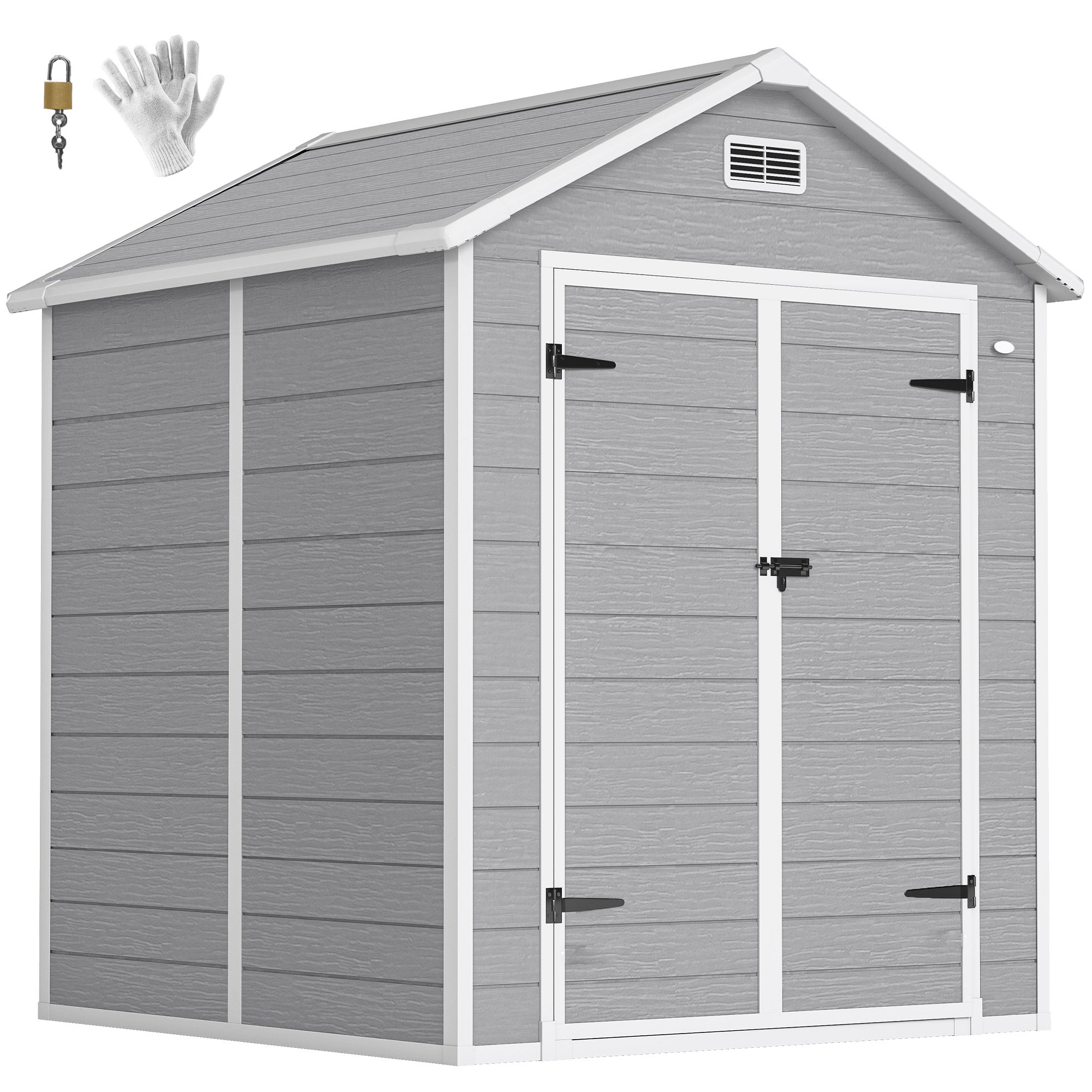 6 x 5ft Garden Shed, Plastic Shed with Floor, Window, Lockable Doors and Vents, Wood Effect Resin Tool Shed for Outdoor Patio Outsunny