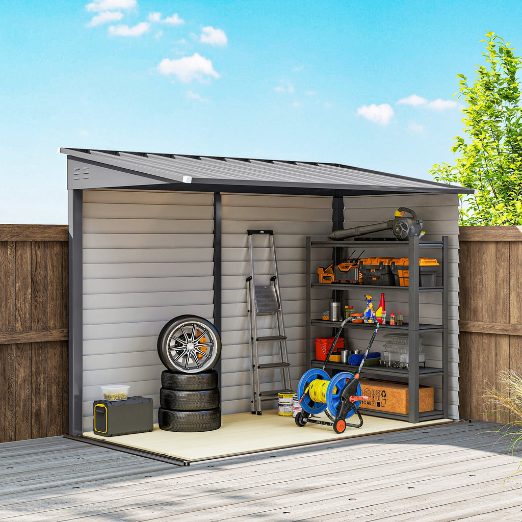 5 x 9ft Galvanised Metal Garden Shed with Foundation Kit, Outdoor Lean-to Shed, Tool Storage House with Lockable Doors, Gloves and 2 Air Vents for Patio Outsunny
