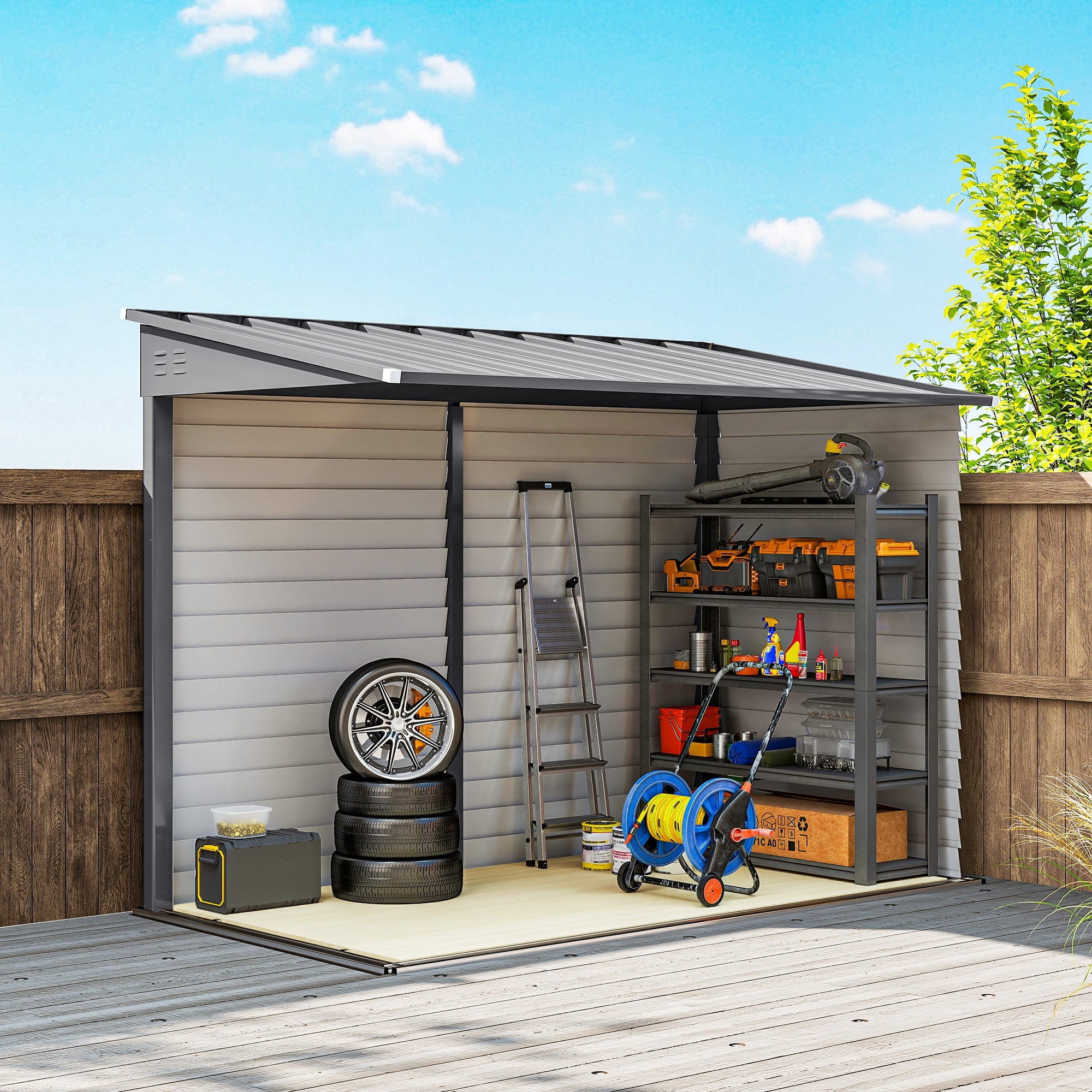 5 x 9ft Galvanised Metal Garden Shed with Foundation Kit, Outdoor Lean-to Shed, Tool Storage House with Lockable Doors, Gloves and 2 Air Vents for Patio Outsunny