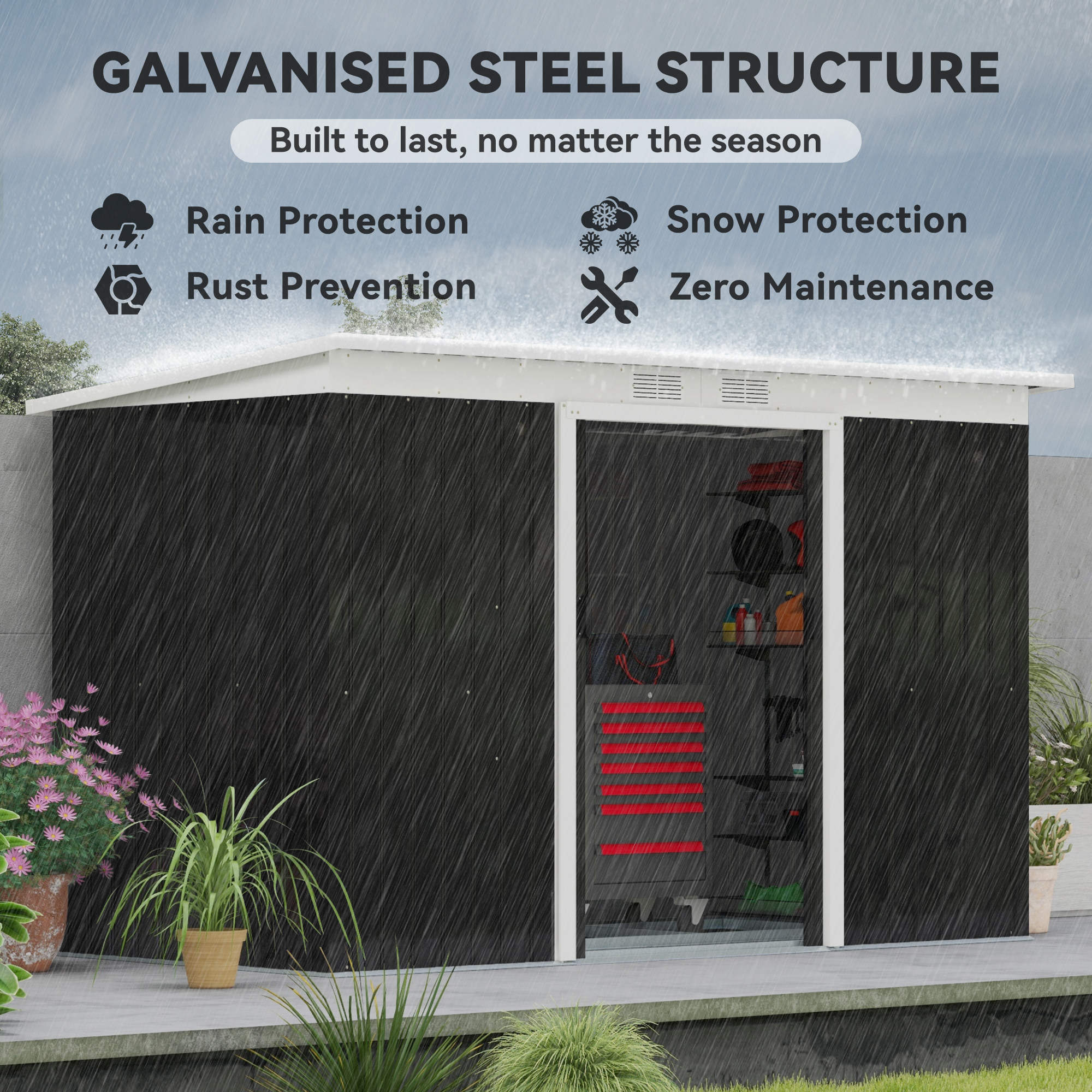 9ft x 4ft Metal Garden Shed, Outdoor Tool House with Foundation Kit, Ventilations and Double Doors Outsunny