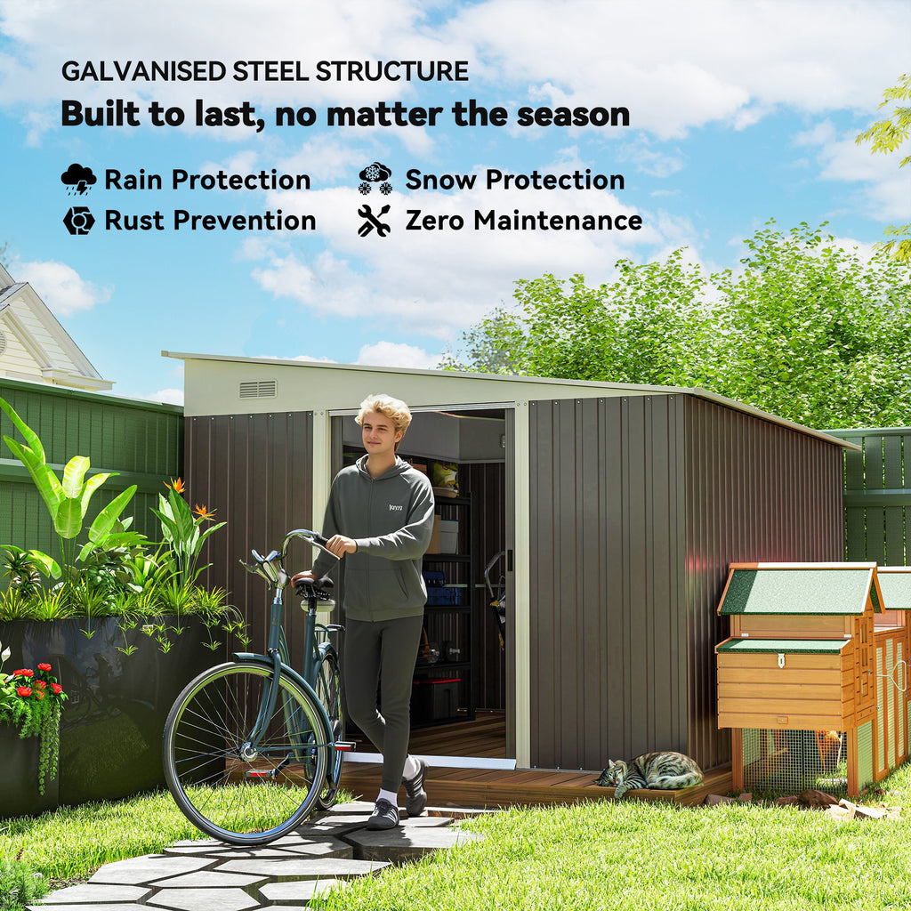 11.3 x 9.2ft Lean to Metal Garden Shed, Outdoor Galvanised Tool Storage House with Double Sliding Doors and 2 Air Vents