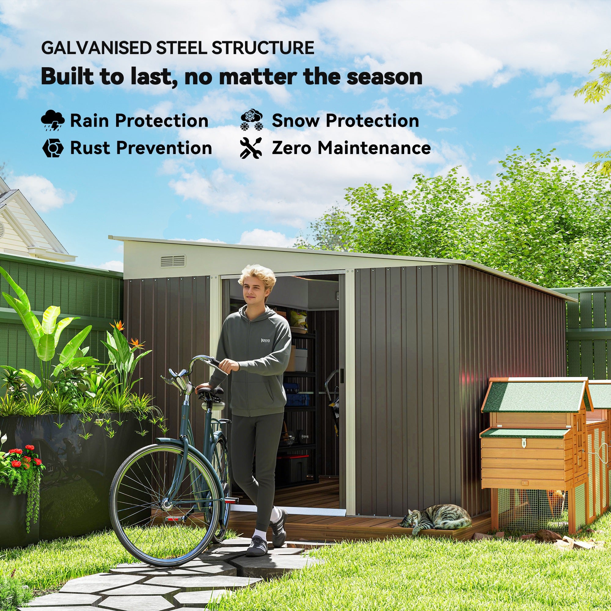 11.3 x 9.2ft Lean to Metal Garden Shed, Outdoor Galvanised Tool Storage House with Double Sliding Doors and 2 Air Vents